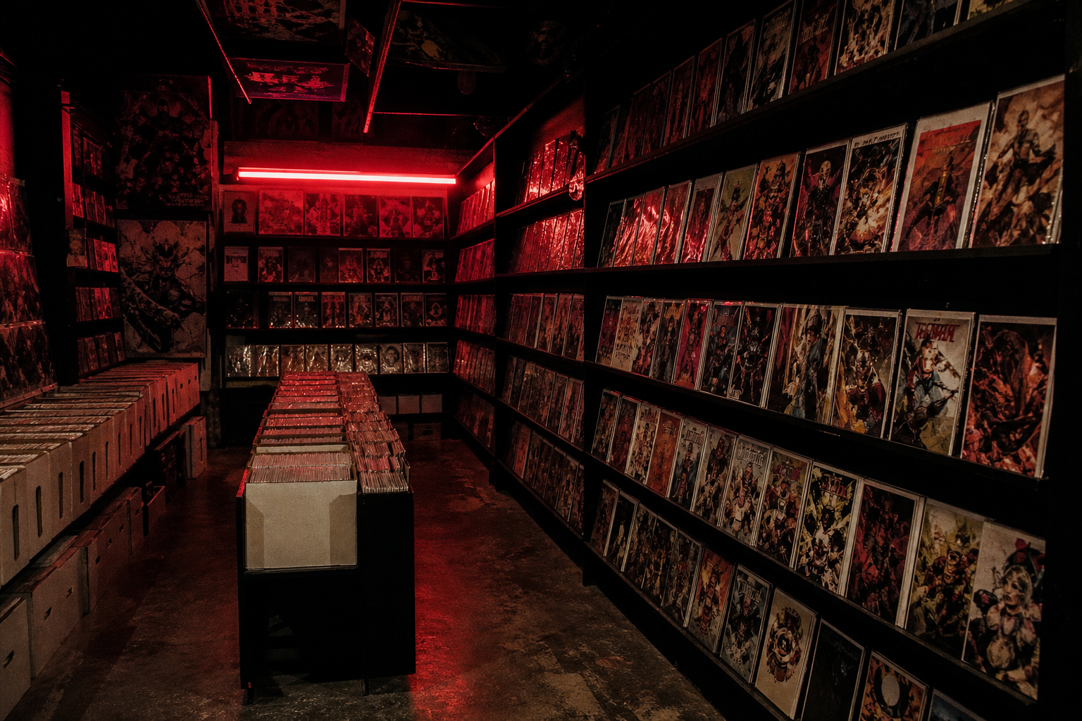 Inside the shop: black steel shelves under red light